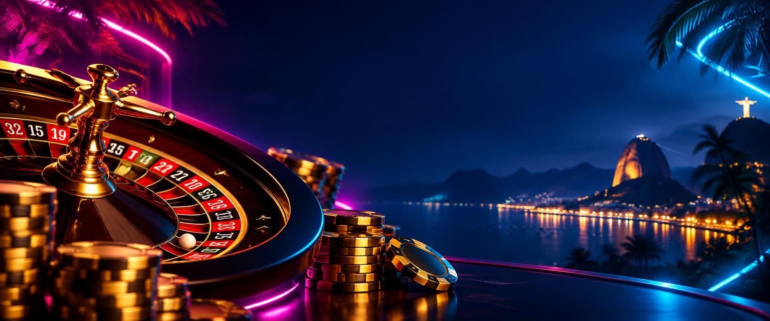 Roleta e fichas com a cidade do Rio de Janeiro ao fundo